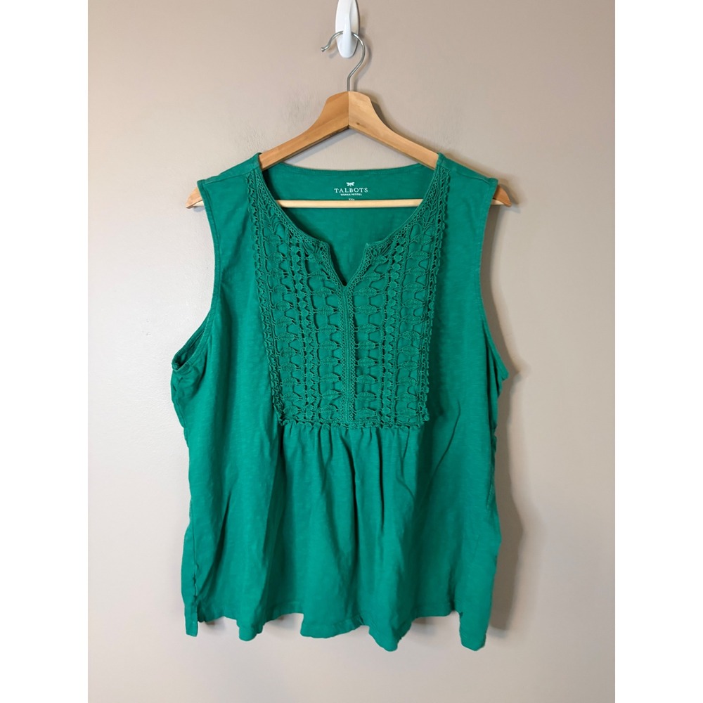 Talbots Sleeveless Top Women 3XP Green Excellent Crochet Lace V-Neck Cotton